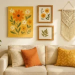 DIY wall decor ideas with canvas art, pressed flowers, and macrame on a living room wall