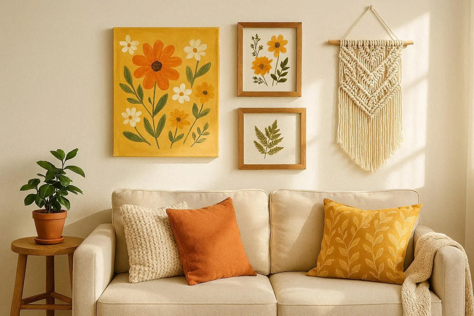 DIY wall decor ideas with canvas art, pressed flowers, and macrame on a living room wall