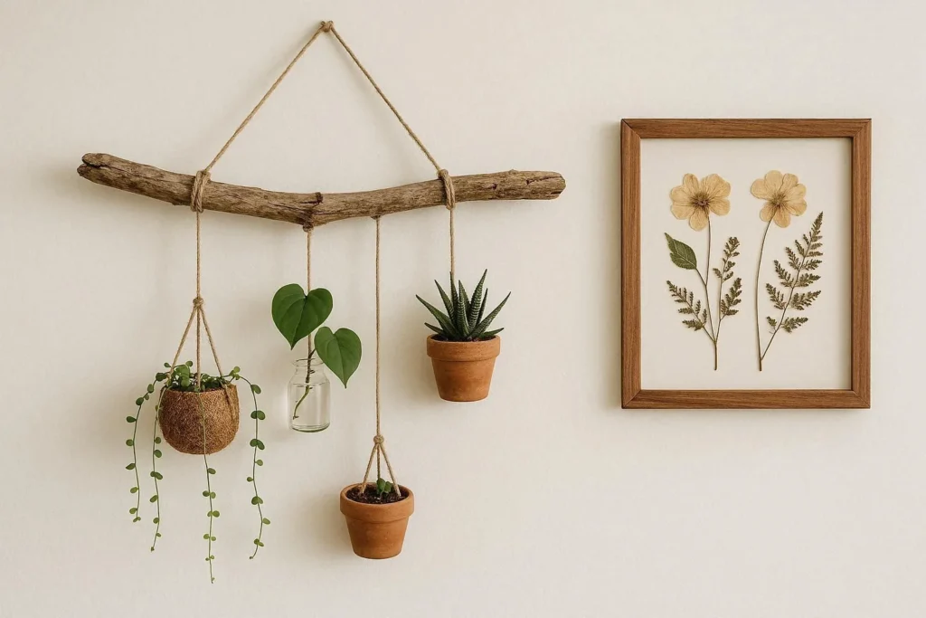 Rustic driftwood branch wall display with hanging plants and pressed flower frames