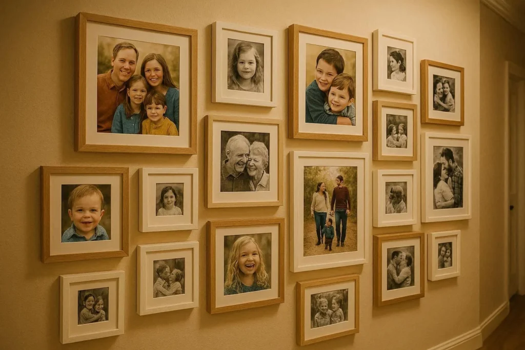 Family photo gallery wall with wood and white frames in an asymmetrical layout in a hallway