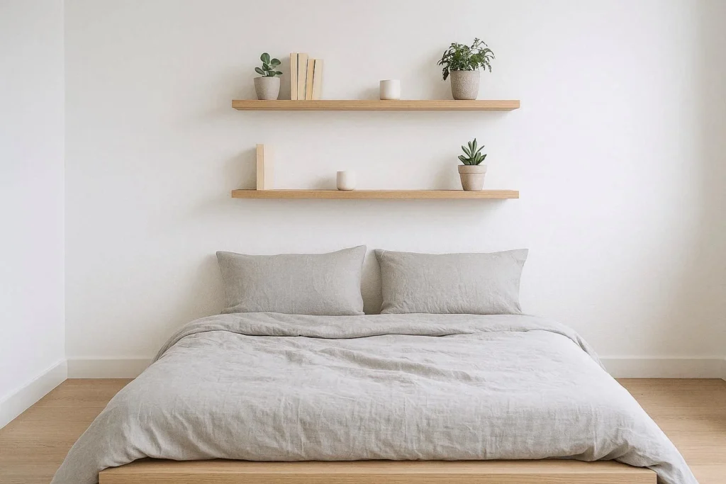 floating shelves above bed styled with plants and books as functional wall decor