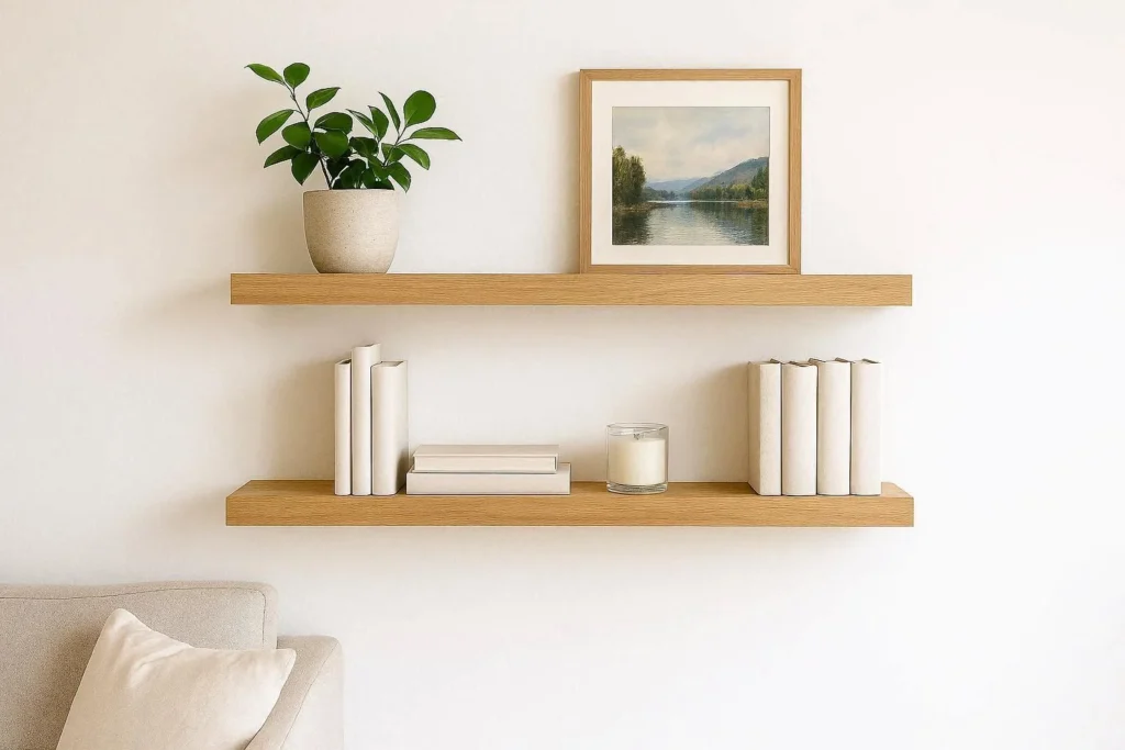 Styled floating wooden shelves on a white living room wall with plants, books, and small decor