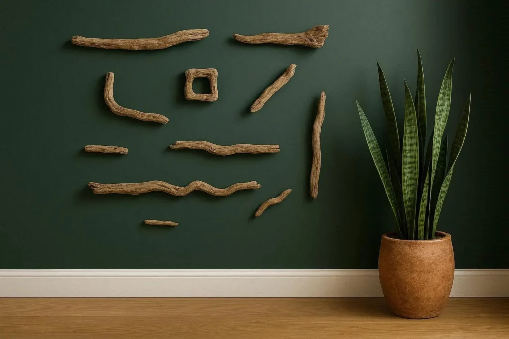A forest green accent wall decorated with unique pieces of natural driftwood art, with a snake plant in a terracotta pot nearby.
