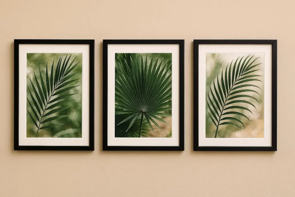 A close-up view of a set of three framed palm leaf prints in sleek black frames, displayed on a light beige wall.
