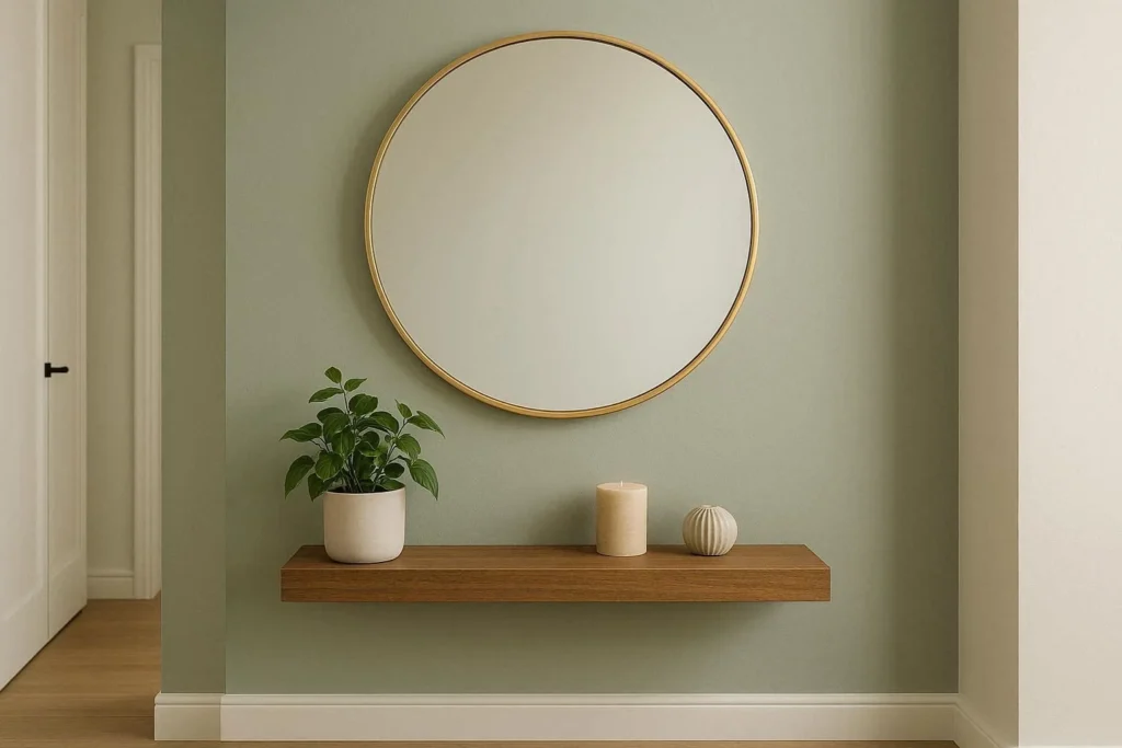 Decorative mirror and floating shelf as functional wall art in a hallway