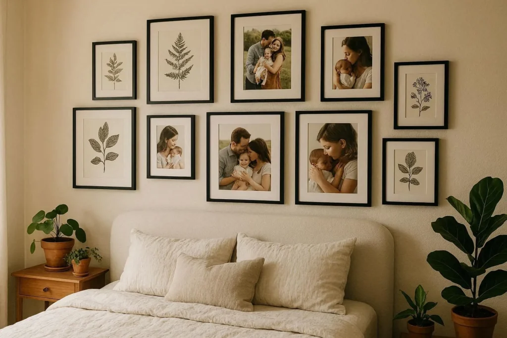 gallery wall above bed with black framed prints as bedroom wall decor