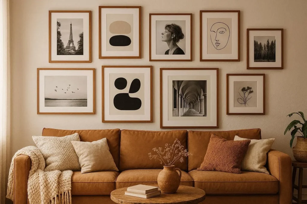Gallery wall accent wall in living room with mixed art frames above tan sofa