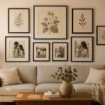 Gallery wall ideas with black frames and botanical prints above a grey sofa