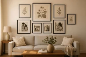 Gallery wall ideas with black frames and botanical prints above a grey sofa