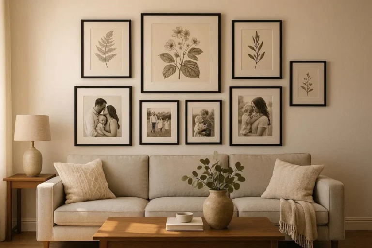 Gallery wall ideas with black frames and botanical prints above a grey sofa