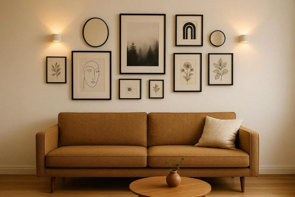 Gallery wall ideas for a large wall with mixed black frames and botanical prints above a sofa