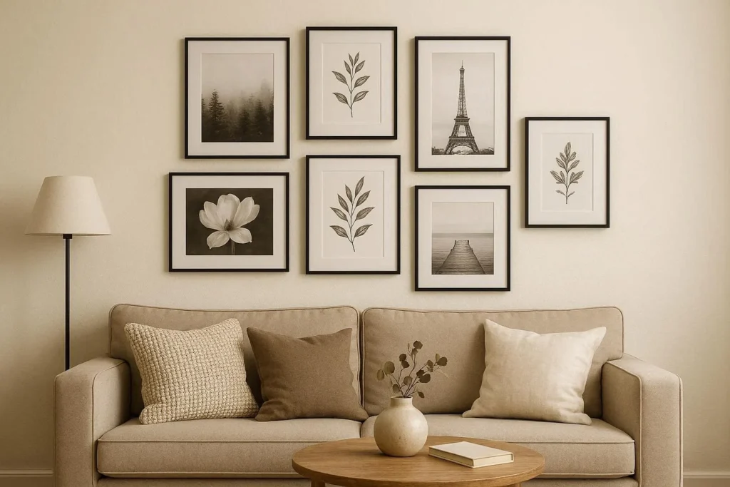 Gallery wall with mixed frames and botanical prints in a living room