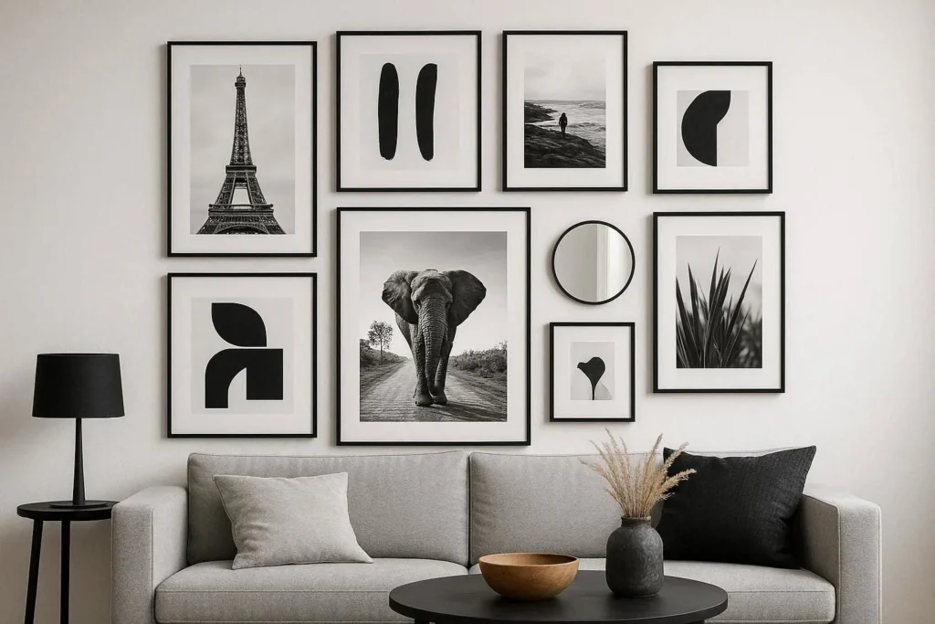 Modern gallery wall with black and white prints and abstract art in matching black frames in a living room