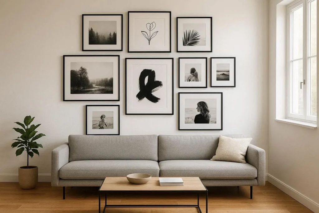 Gallery wall with black and white frames above a gray sofa in a modern living room