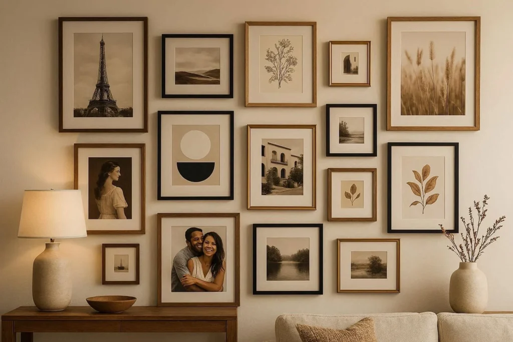 Gallery wall with mixed frame sizes and finishes including wood black and gold