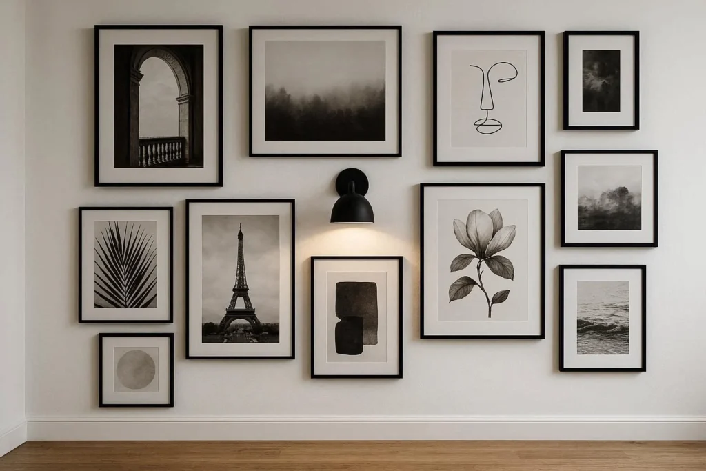 Gallery wall with a matte black wall sconce adding warm light and depth to framed artwork