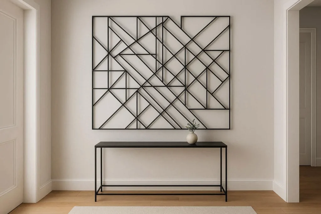 Geometric metal wall sculpture mounted in a modern entryway above a slim console table