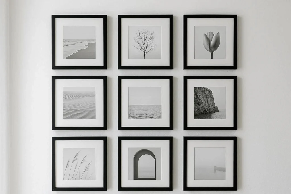 Grid style gallery wall with nine matching black frames and black and white photos