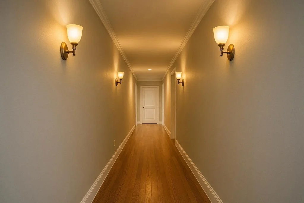 Evenly spaced wall sconces lighting a long hallway for a warm and welcoming corridor