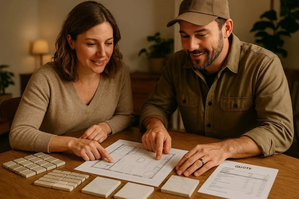 Homeowner discussing bathroom renovation plans with a professional contractor