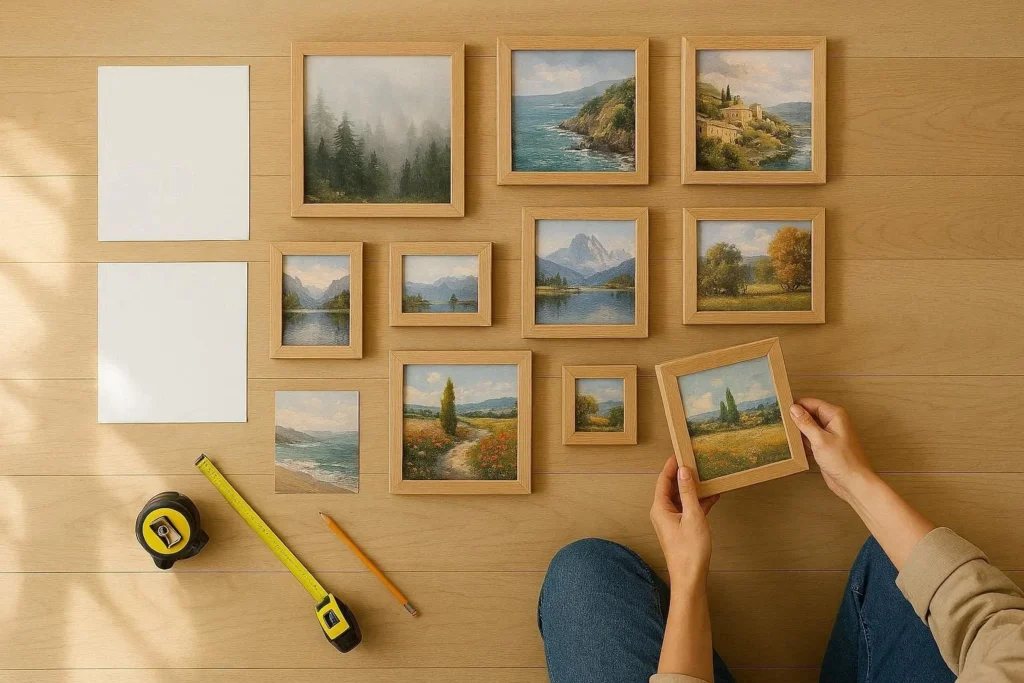 Person planning a gallery wall layout on the floor with frames paper templates and measuring tape