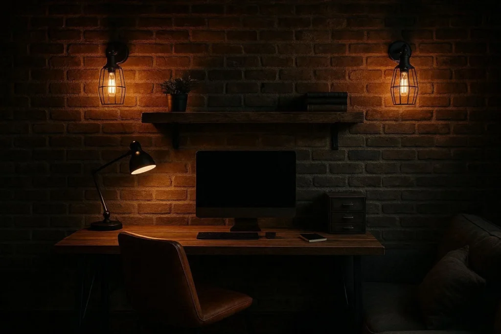 Industrial cage wall sconces with Edison bulbs mounted on an exposed brick wall for a raw stylish look