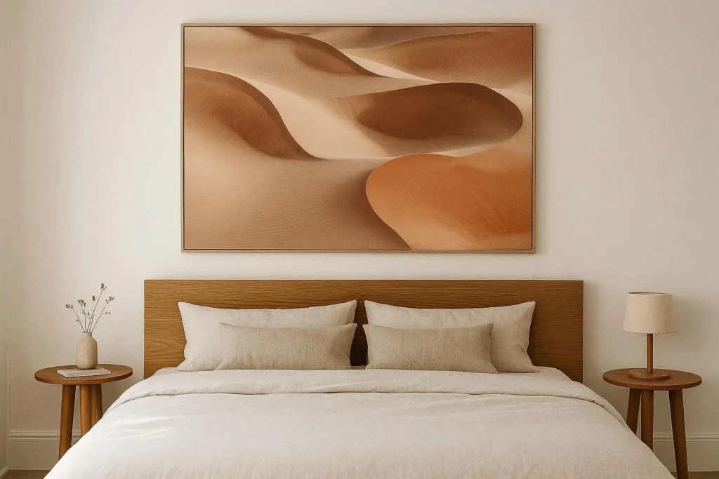 large statement artwork above bed as over the bed wall decor