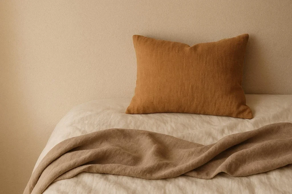 Layered beige tones in a bedroom with cream, caramel, and taupe accents