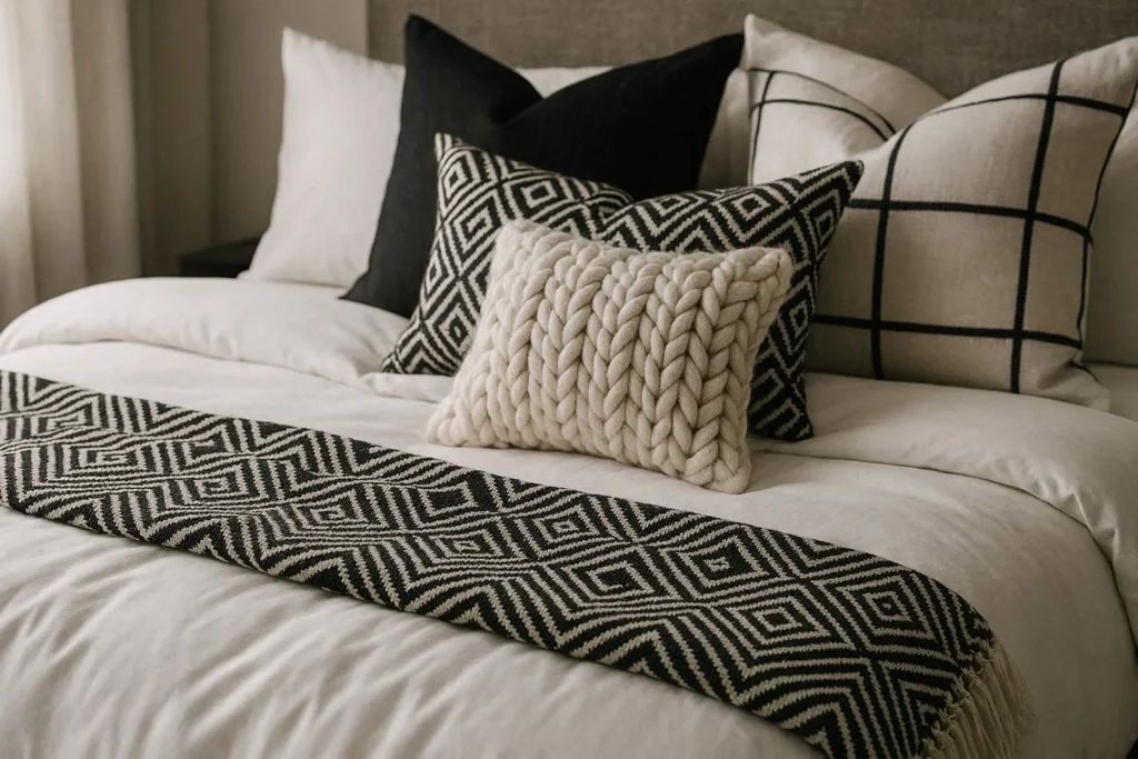 Layered black and white bedding with patterned throw and mixed cushions on a styled bed