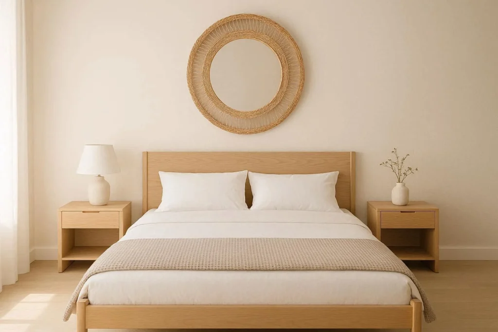 Minimalist beige bedroom with light oak furniture and round rattan mirror