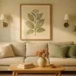 Stylish living room with large botanical wall art, wall sconces, and floating shelf above a neutral sofa