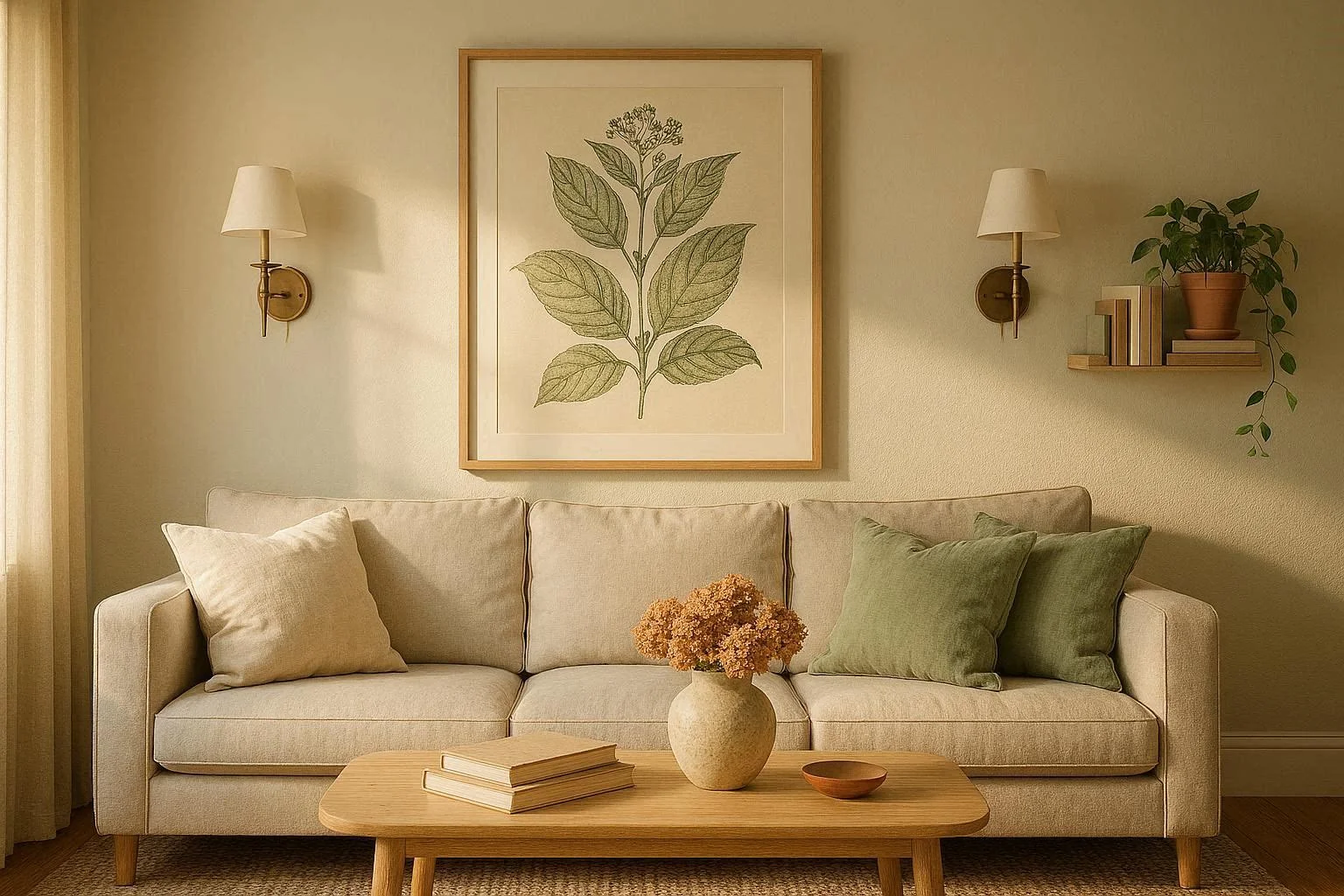 Stylish living room with large botanical wall art, wall sconces, and floating shelf above a neutral sofa