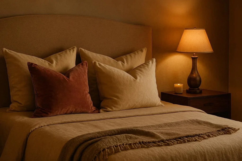 Luxurious beige bedroom with velvet pillows, warm lamp glow, and rich textures