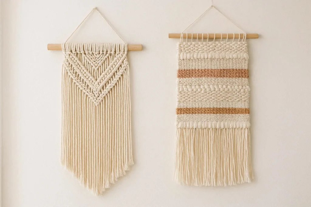 Boho macrame and woven fabric wall hangings displayed on a white wall