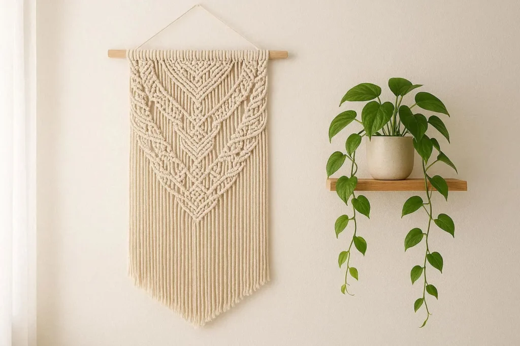 A large cream macrame wall hanging is featured on a white bedroom wall, accompanied by a trailing pothos plant on a floating shelf.