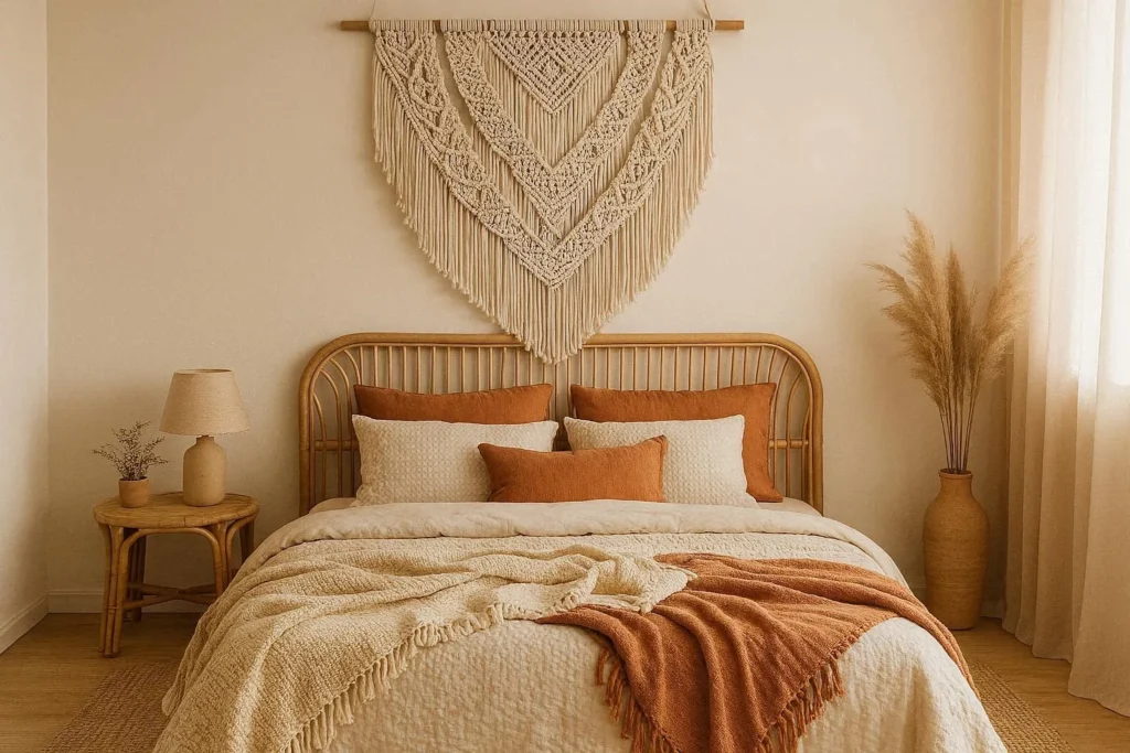 macrame wall hanging above bed as cozy bedroom wall decor