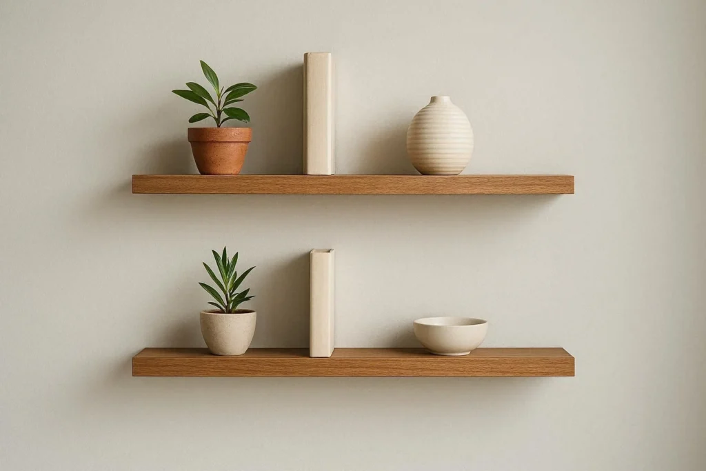 Minimalist floating shelves on a gray wall with plants and ceramic decor