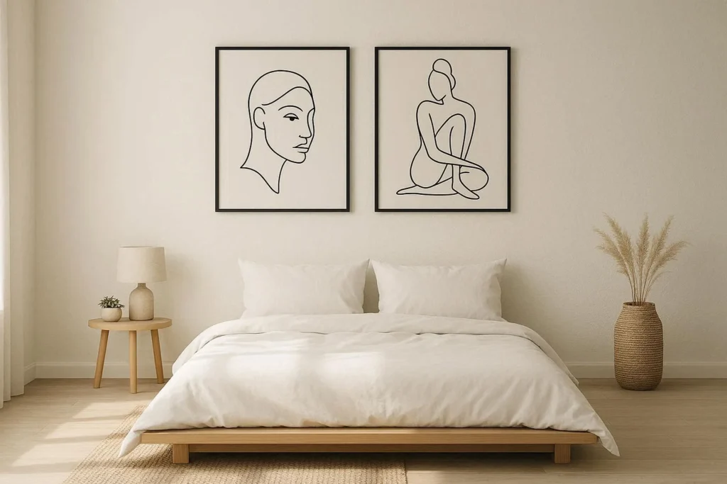Minimalist black framed line art prints above a platform bed as modern bedroom wall decor