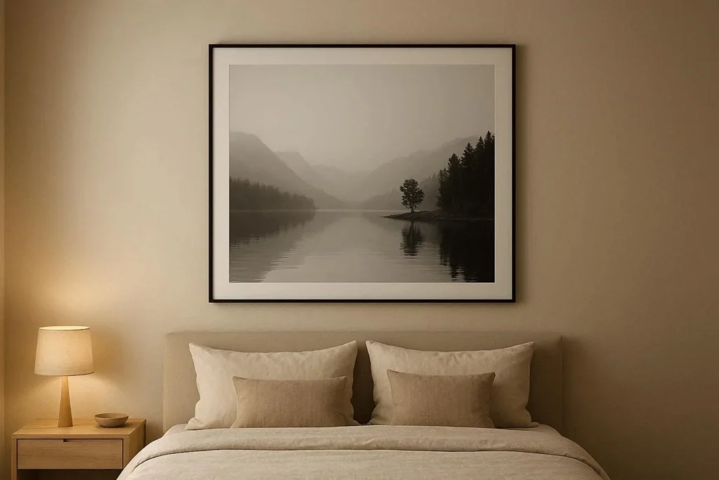 Minimalist bedroom wall decor with one large black and white landscape photograph