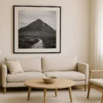 Minimalist wall decor ideas with a single large framed print on a white wall