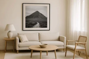 Minimalist wall decor ideas with a single large framed print on a white wall