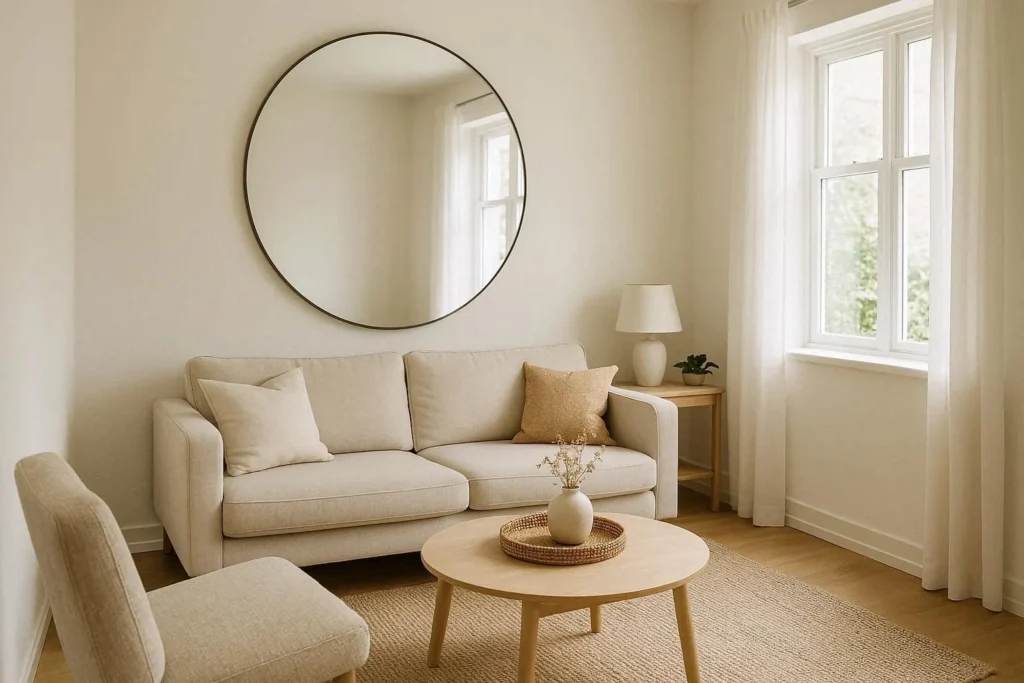 Large round decorative mirror on a living room wall reflecting natural light to make the space feel bigger