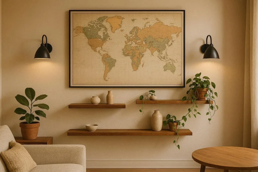 Mixed media large wall decor display with vintage map floating shelves and wall sconces in a neutral living room