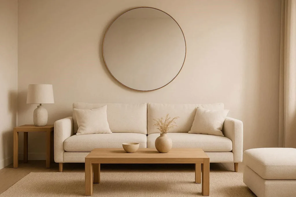 Modern minimalist wall decor with a round gold mirror on a warm white wall
