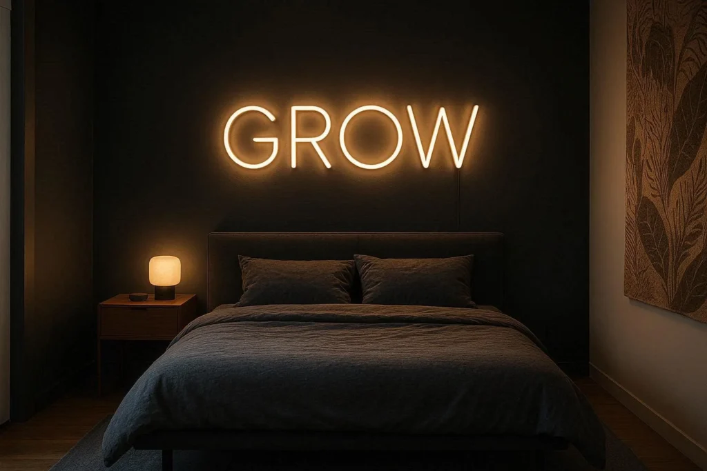 Neon sign and tapestry as modern wall art ideas in a bedroom