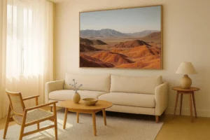 Modern wall art ideas featuring a large abstract canvas above a minimalist sofa in a bright living room