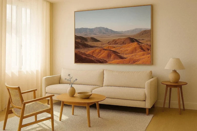 Modern wall art ideas featuring a large abstract canvas above a minimalist sofa in a bright living room