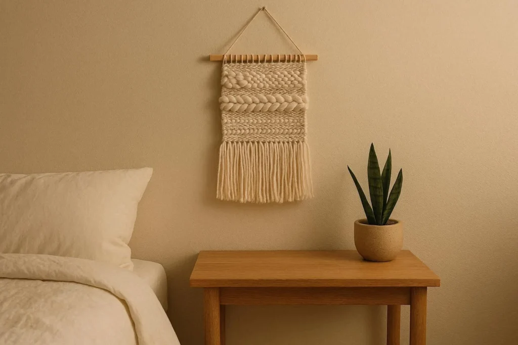 Natural minimalist wall decor with a woven hanging and wooden elements in a calm bedroom