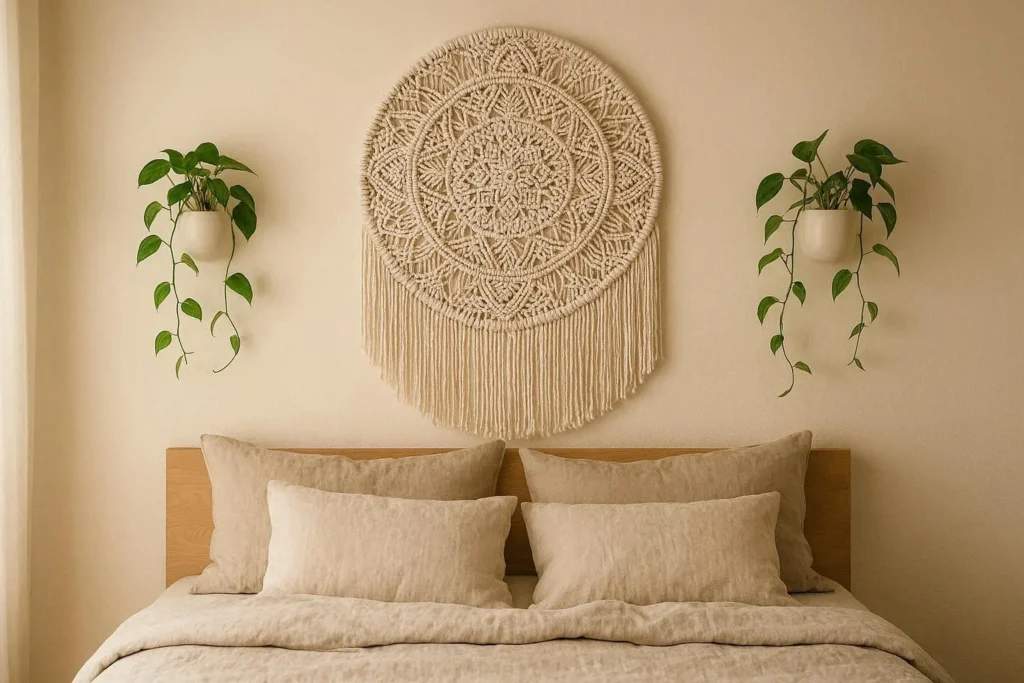 Macrame wall hanging and wall-mounted planters as natural wall decor