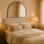 over the bed wall decor ideas with arched mirror above linen headboard